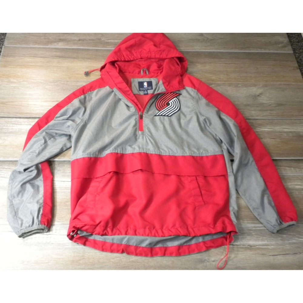 Portland Trailblazers Jacket M Red Gray Hooded 1/4 Zip‎ Vented Windbreaker NBA
